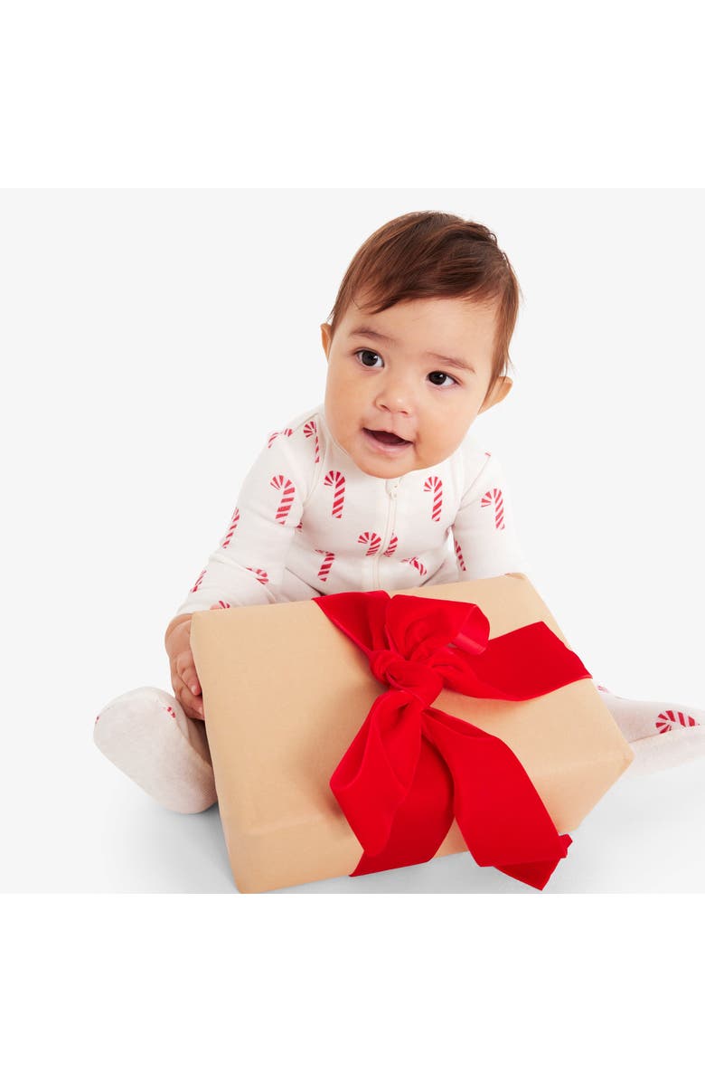 Primary Organic Zip Footie In Festive Prints, Alternate, color, Ivory Candy Canes
