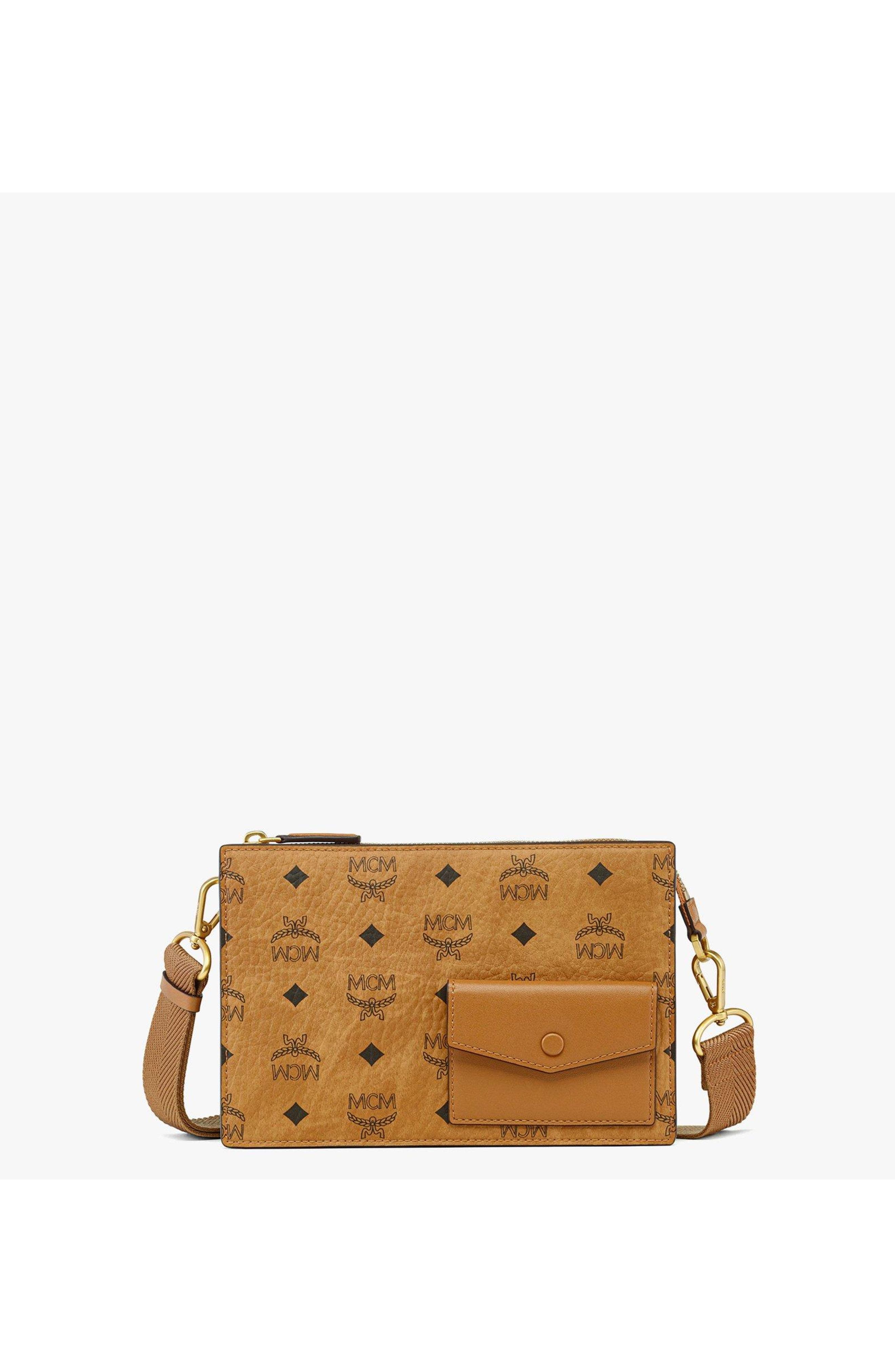 MCM Aren Standing Crossbody Pouch in Visetos, Main, color, Brown