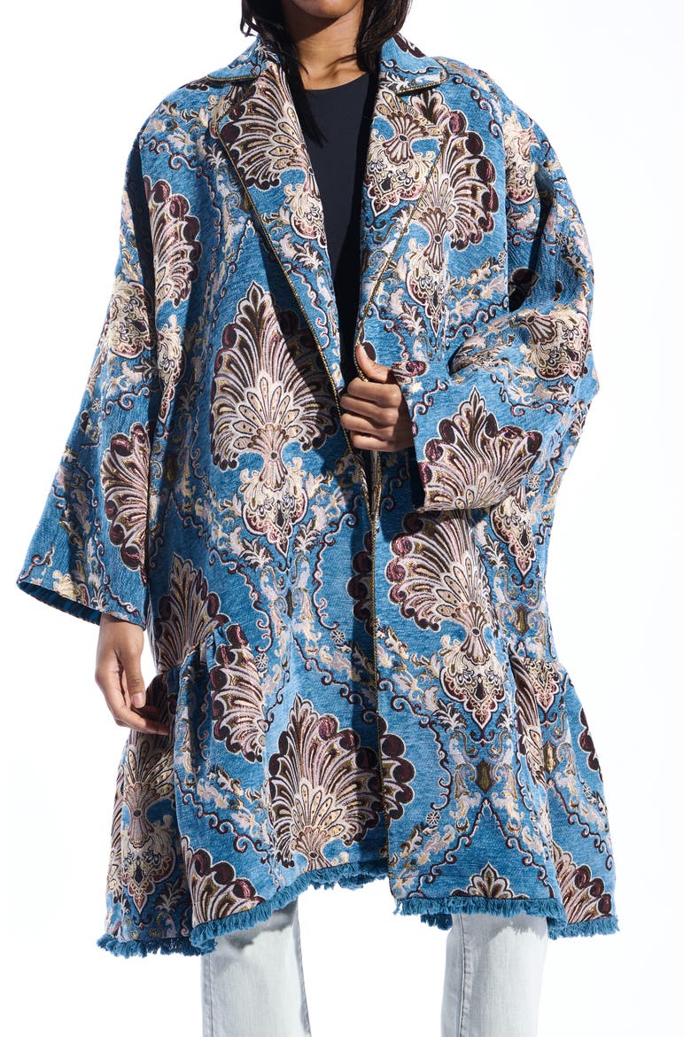 Paisley Jacquard Peplum Coat, Main, color, BLUE/ BROWN