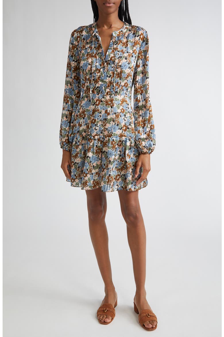 Nyjah Floral Pintuck Long Sleeve Silk Minidress, Main, color, LAKE MIST MULTI