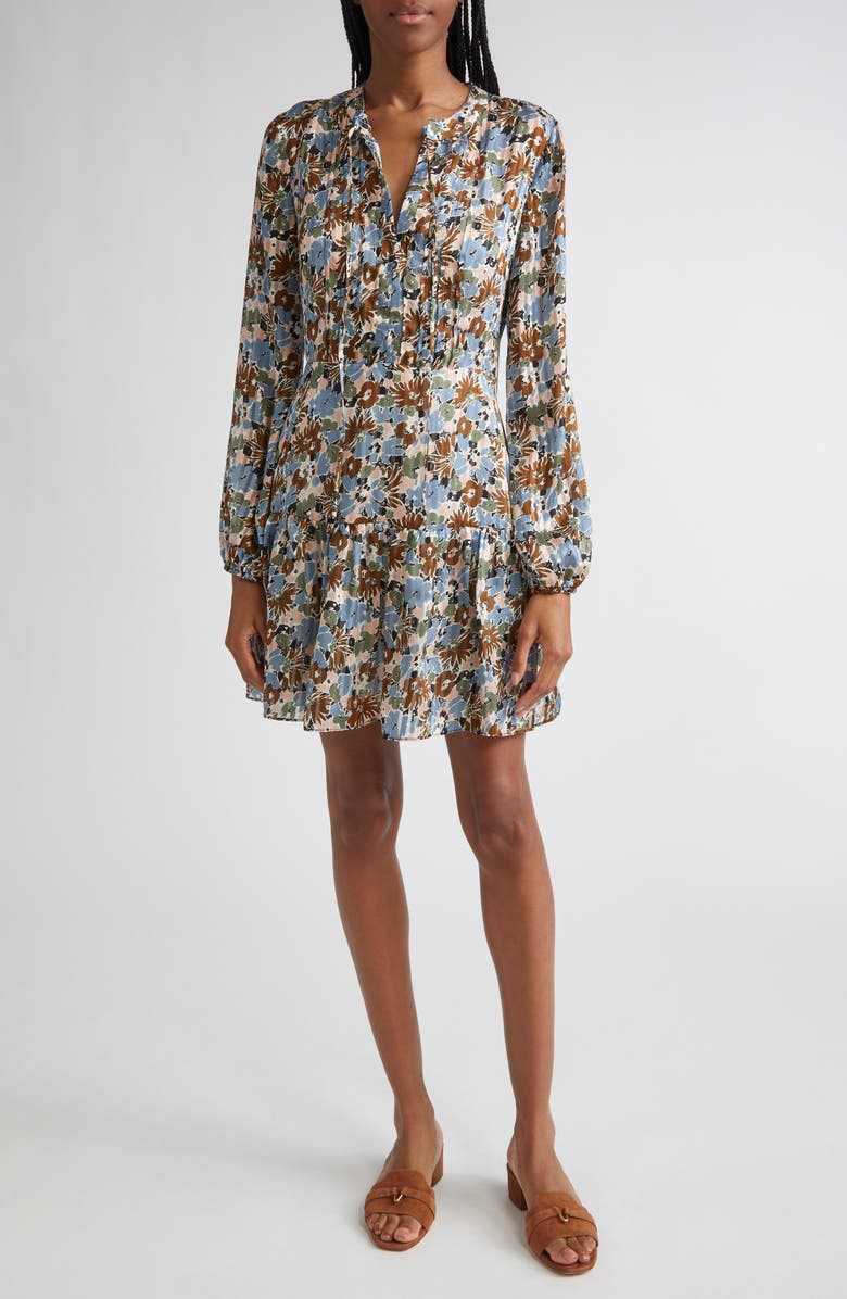 Veronica Beard Nyjah Floral Pintuck Long Sleeve Silk Minidress, Main, color, Lake Mist Multi
