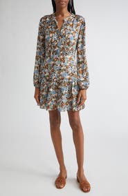 Veronica Beard Nyjah Floral Pintuck Long Sleeve Silk Minidress