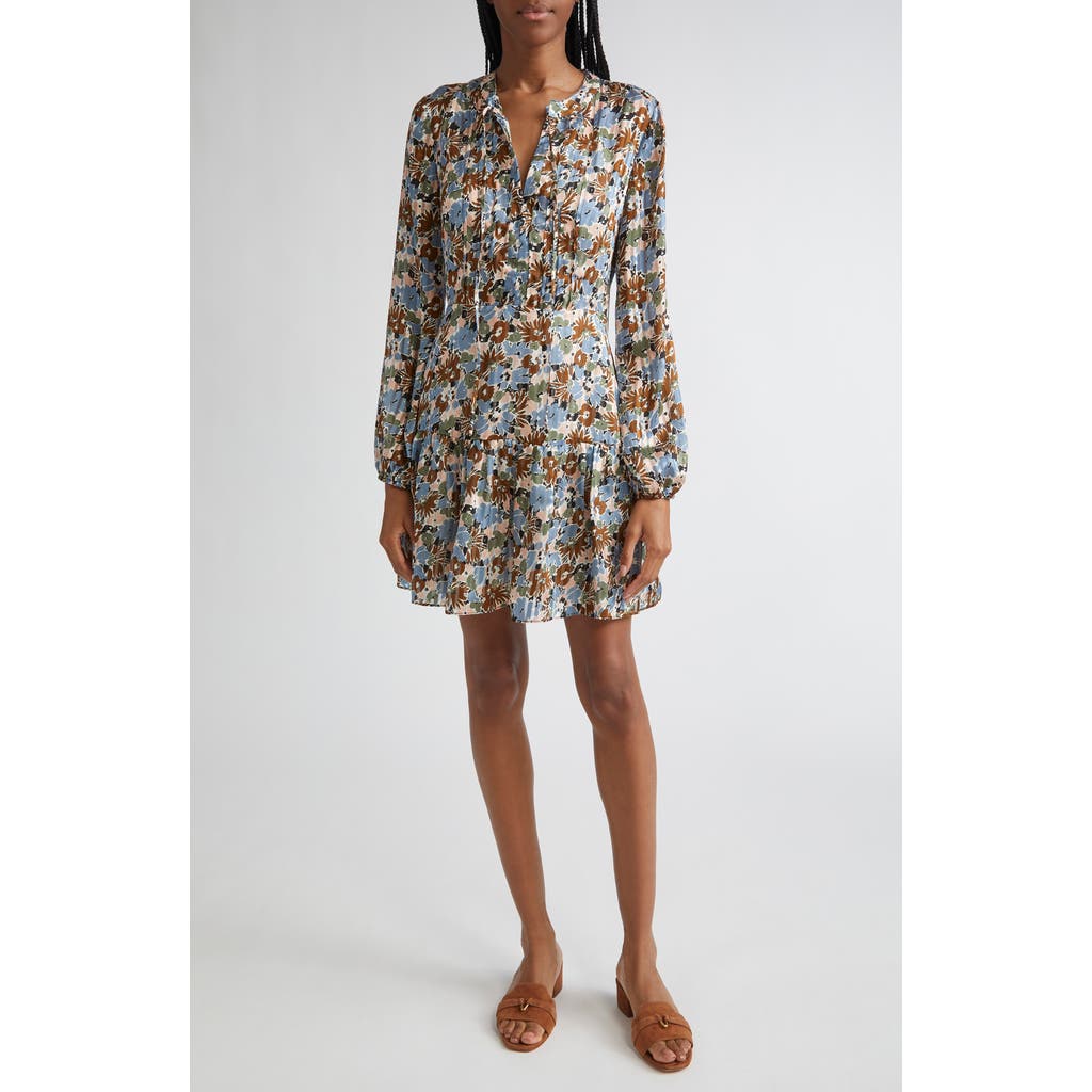 Veronica Beard Nyjah Floral Pintuck Long Sleeve Silk Minidress In Multi