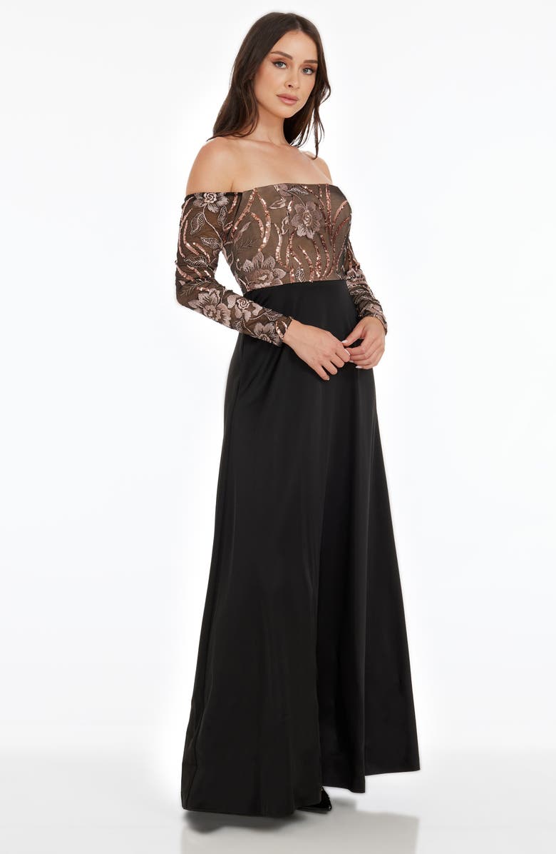 Dress the Population Margaret Sequin Embroidered Off the Shoulder Long Sleeve Gown, Alternate, color,