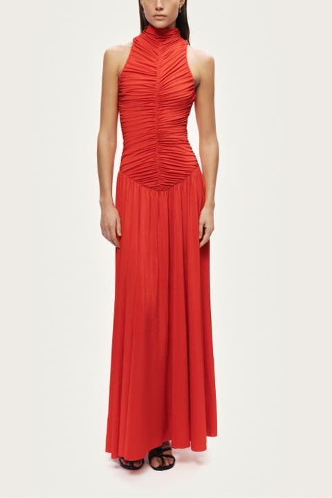 Ruched High-Neck Maxi Dress