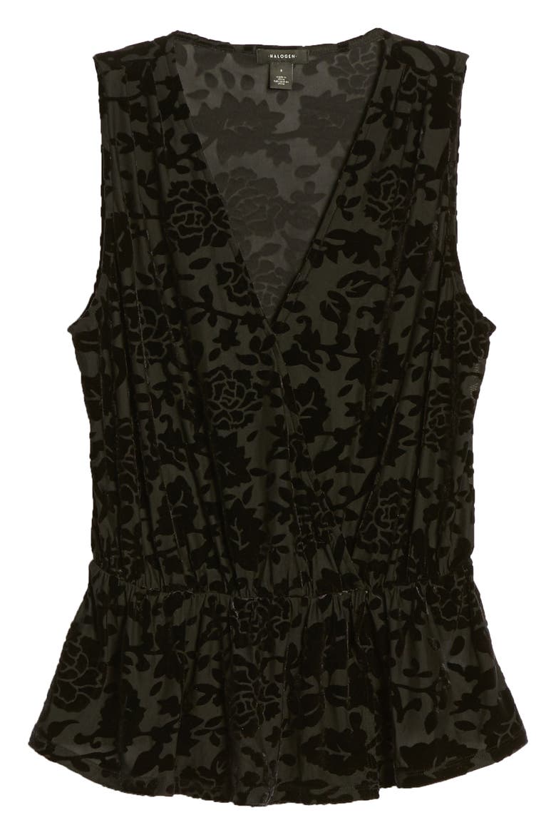 Flocked Sleeveless Peplum Top, Alternate, color, BLACK FLOCKED FLORAL