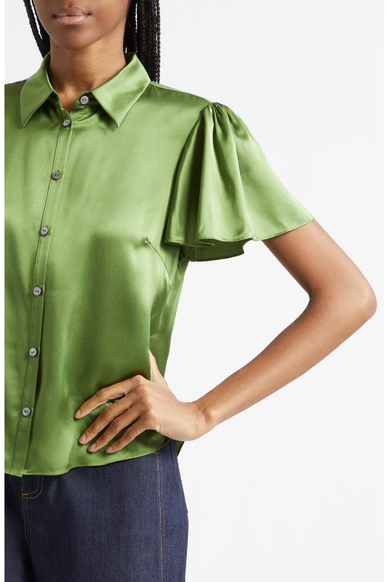 Fiona Flutter Sleeve Silk Satin Button-Up Shirt, Alternate, color, KALE