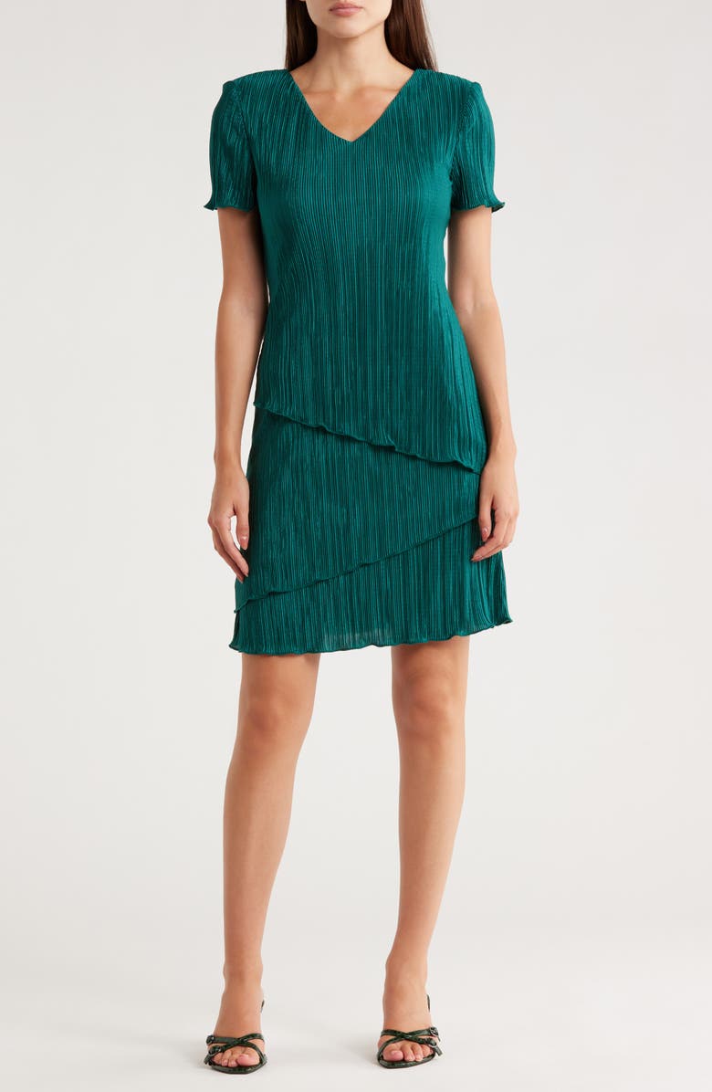 Connected Apparel Plissé Tiered Dress, Main, color, Deep Spruce