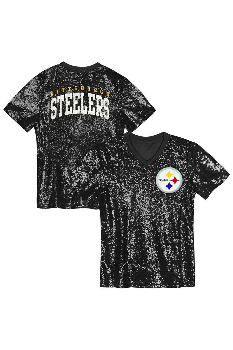 Girls Youth Black Pittsburgh Steelers Wordmark Sequin V-Neck Top, Main, color, Black