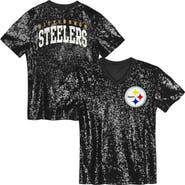 Outerstuff Girls Youth Black Pittsburgh Steelers Wordmark Sequin V-Neck Top