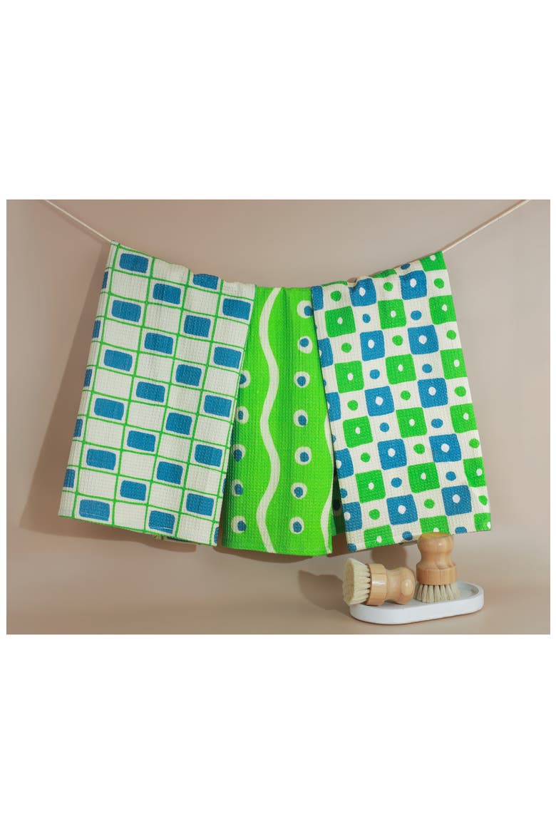Set of Three Retro Geometric Kitchen Towels, Alternate, color, KELLY GREEN/ ROYAL BLUE