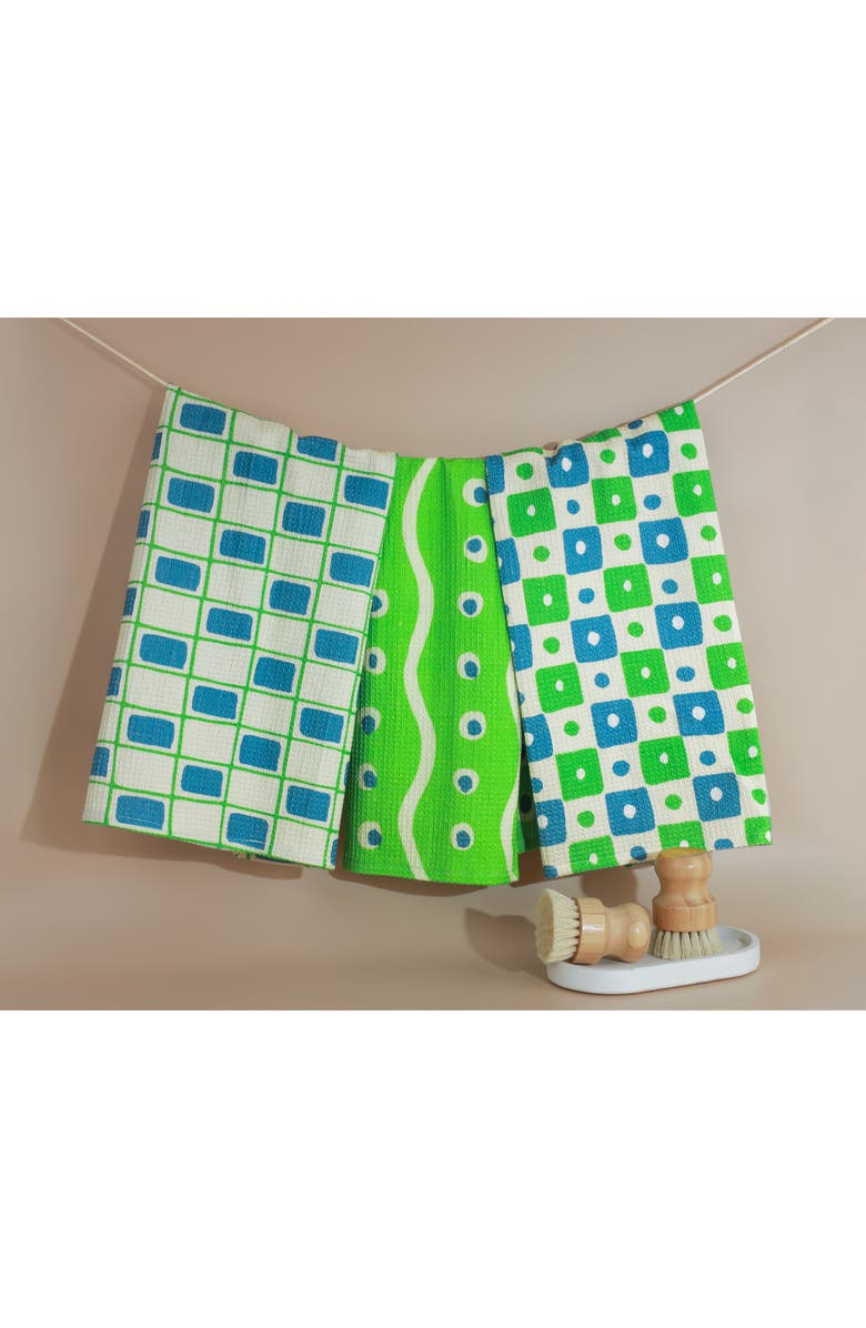 Tiramisu Set of Three Retro Geometric Kitchen Towels, Alternate, color, Kelly Green/ Royal Blue