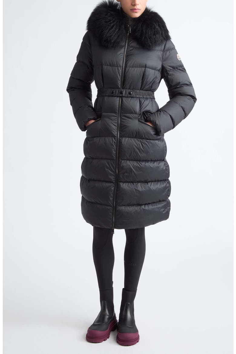 Boedic Water Repellent Long Down Puffer Coat with Genuine Shearling Trim, Alternate, color, BLACK
