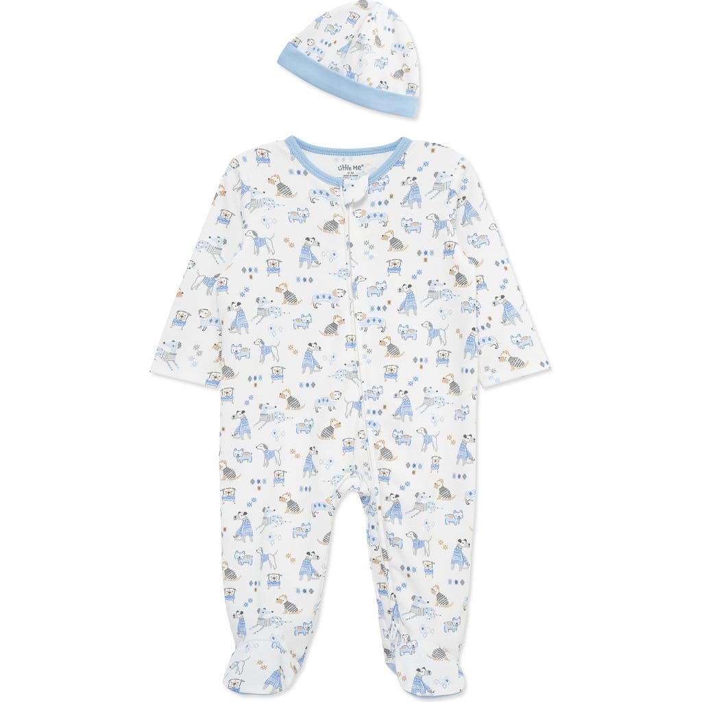 Little Me Puppy Lines Footie & Hat Set In Blue