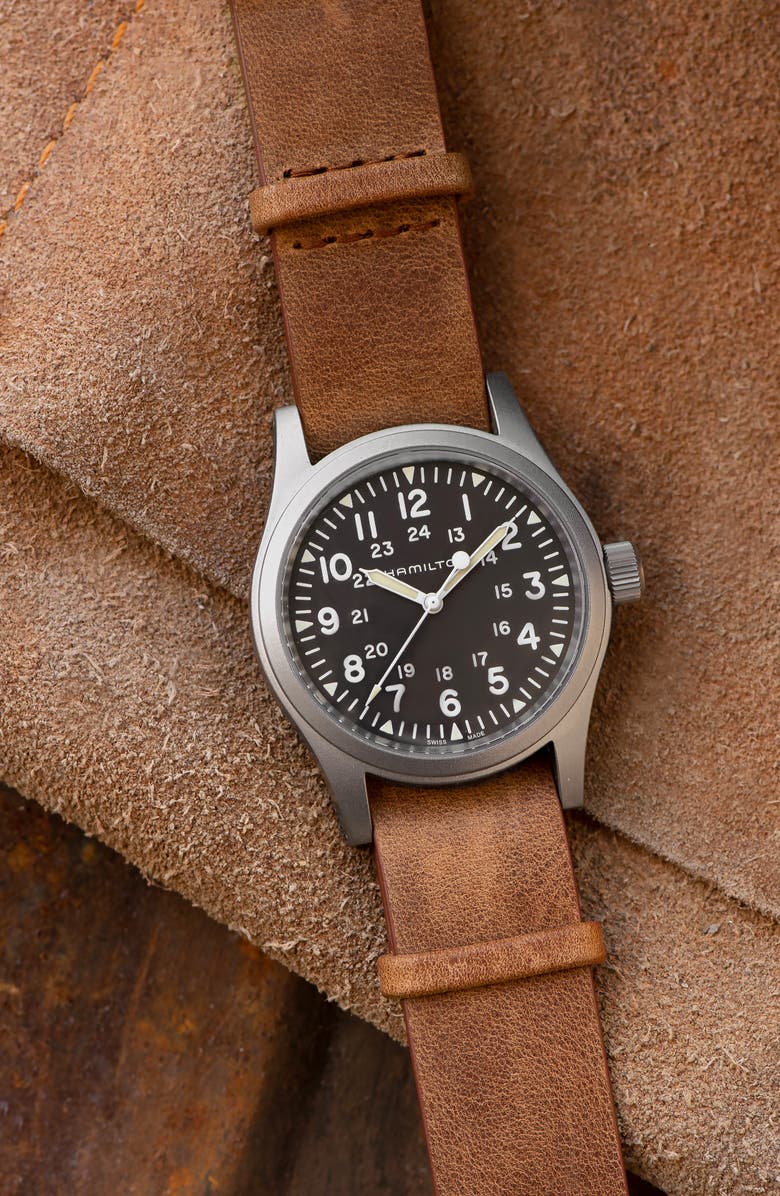 Hamilton Khaki Field Leather Strap Watch, 38mm, Alternate, color, Brown/ Black/ Silver