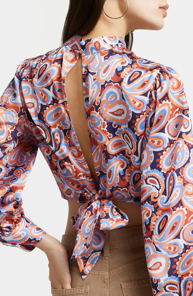 River Island Tie Back Long Sleeve Crop Top, Alternate, color, 