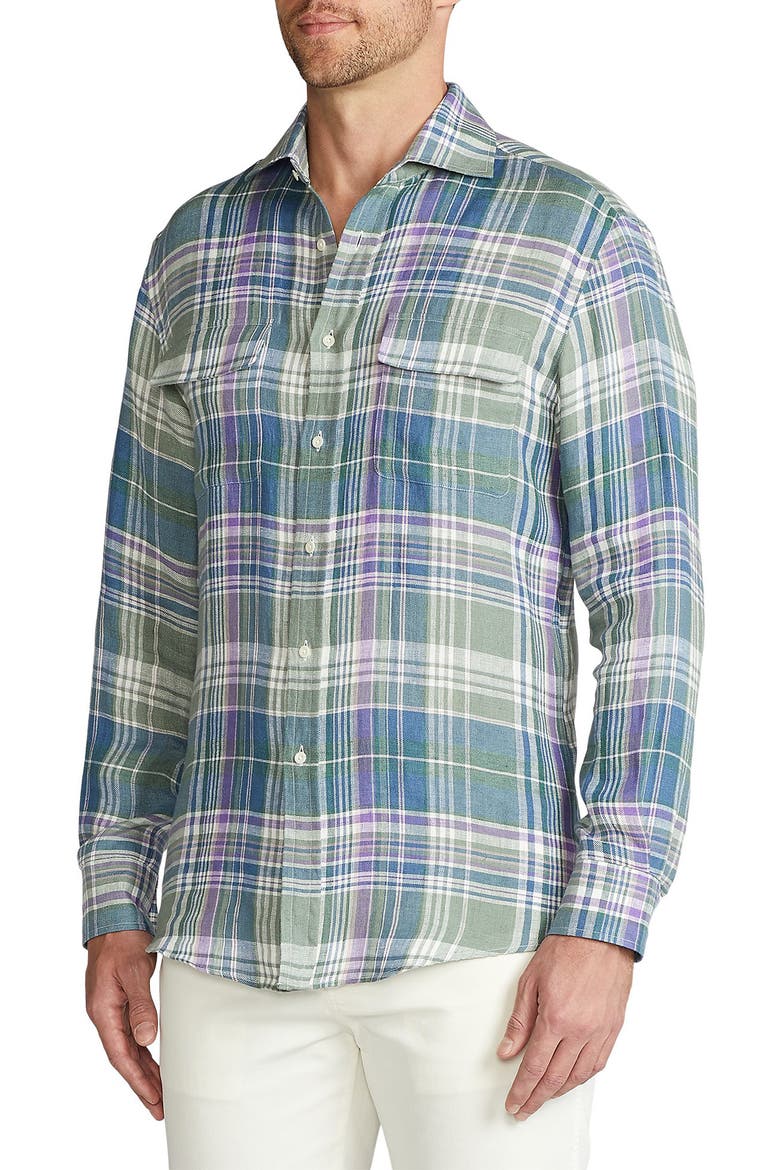 Plaid Linen Button-Up Shirt, Alternate, color, GREEN MULTICOLOR
