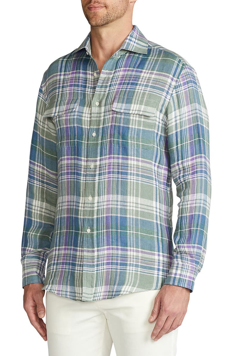 Ralph Lauren Purple Label Plaid Linen Button-Up Shirt, Alternate, color, 