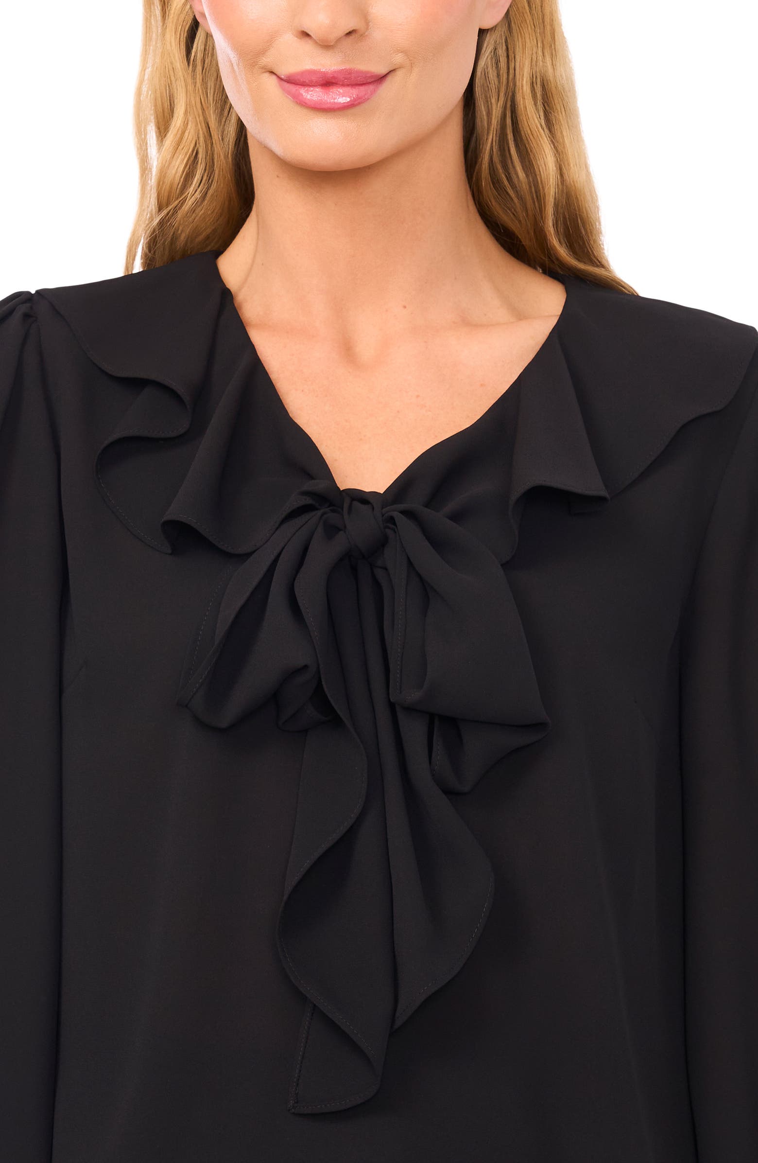 CeCe Ruffle Tie Neck Long Sleeve Georgette Top | Nordstrom