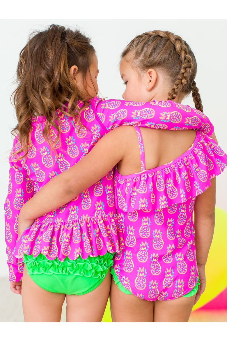 Girls UPF50+ Sun Protection One Shoulder Ruffle One Piece, Alternate, color, Neon Violet Pineapples