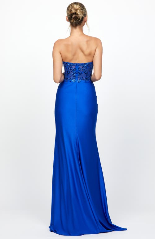Bariano Madeleine Strapless High Split Gown In Blue