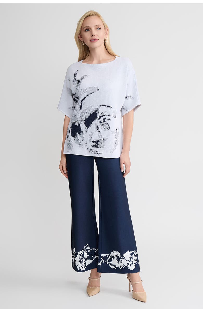 Ming Wang Stretch Deco Crepe Floral Print Wide-Leg Pants, Alternate, color, Indigo/White