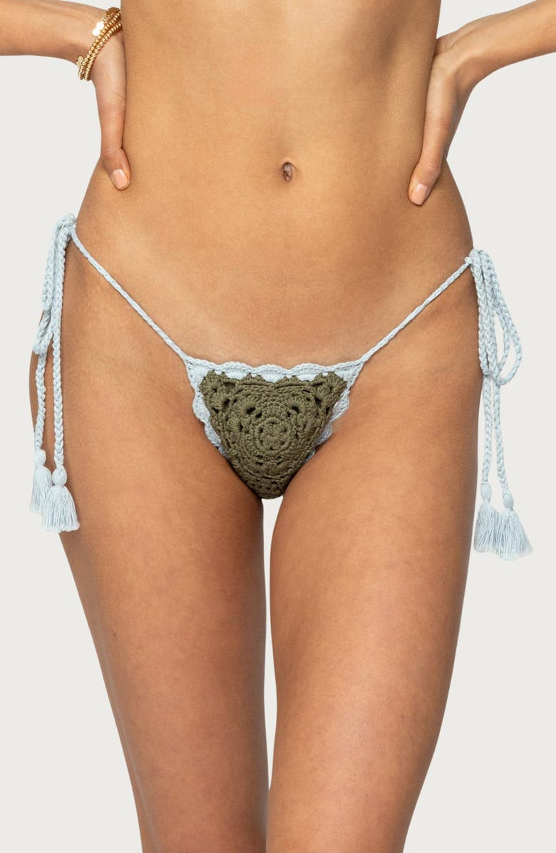 EDIKTED Crochet String Bikini Bottoms, Main, color, Green