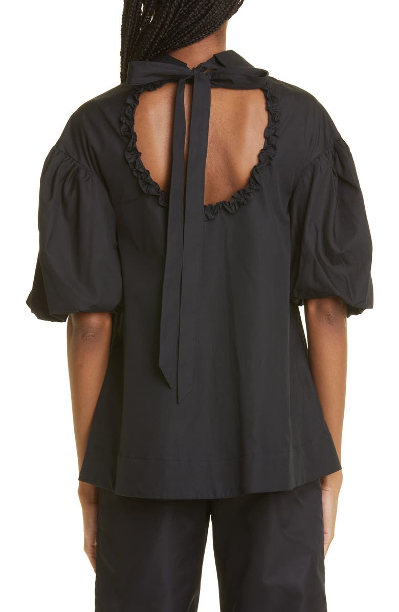 Simone Rocha Ruffle Trim Back Cutout Puff Sleeve Cotton Shirt, Alternate, color, 