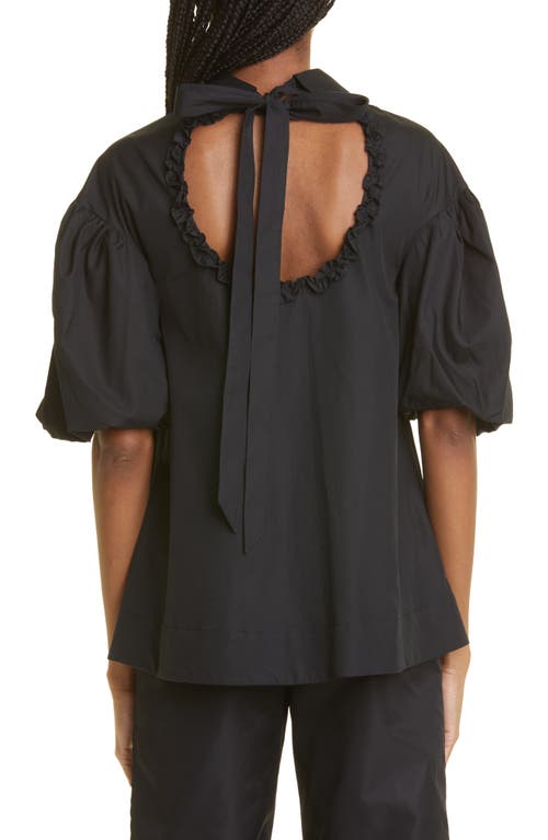 Simone Rocha Ruffle Trim Back Cutout Puff Sleeve Cotton Shirt In Black/pearl