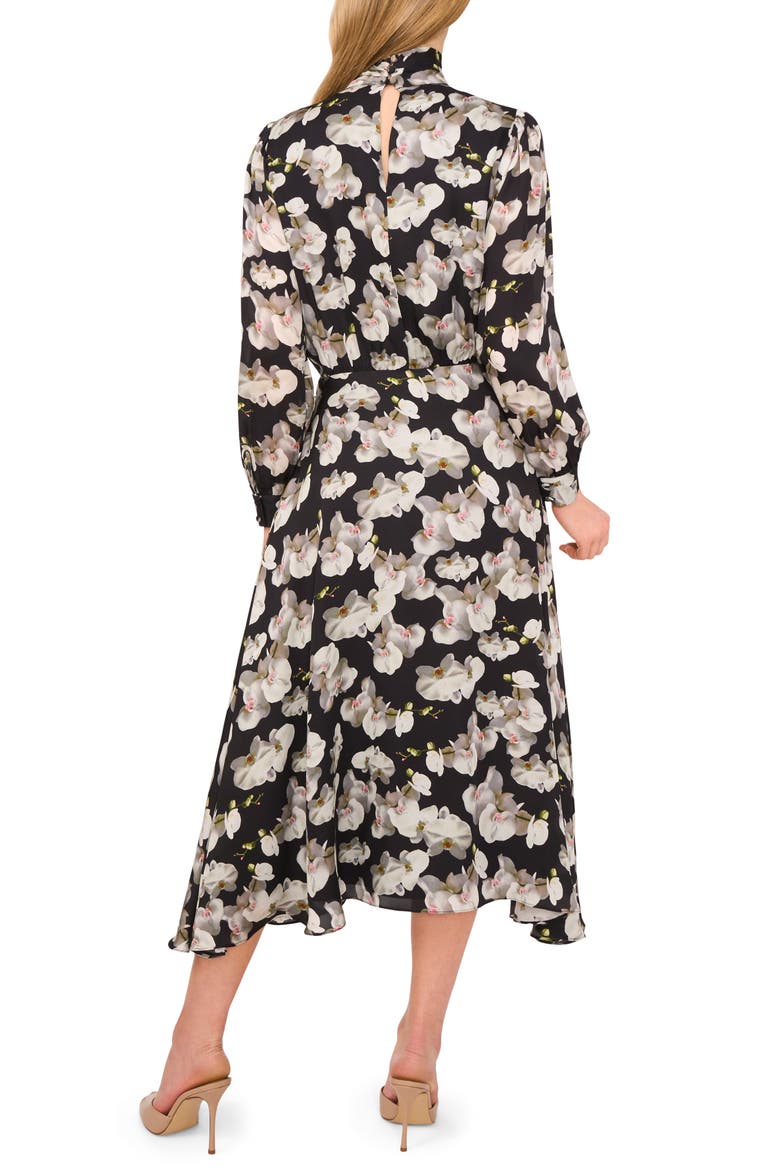 Floral Tie Neck Long Sleeve Dress, Alternate, color, RICH BLACK