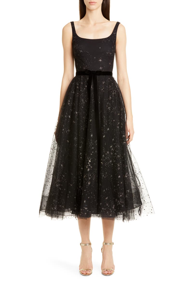 Glitter Star Tulle Cocktail Dress, Main, color, BLACK