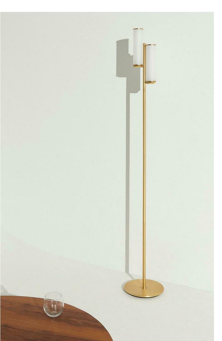 Brightech Gemini 64" Industrial LED Standing Floor Lamp with Glass Cylinder Shades, 3-Way Dimming, Alternate, color, Antique Brass