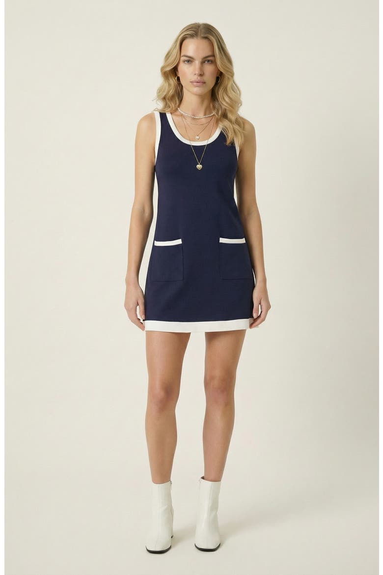 Sleeveless Knit Mini Dress with Contrast Trim and Front Pockets, Alternate, color, Navy Blue
