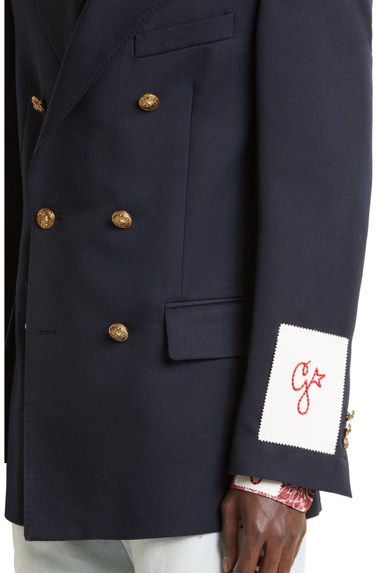Crest Button Double Breasted Gabardine Blazer, Alternate, color, NAVY