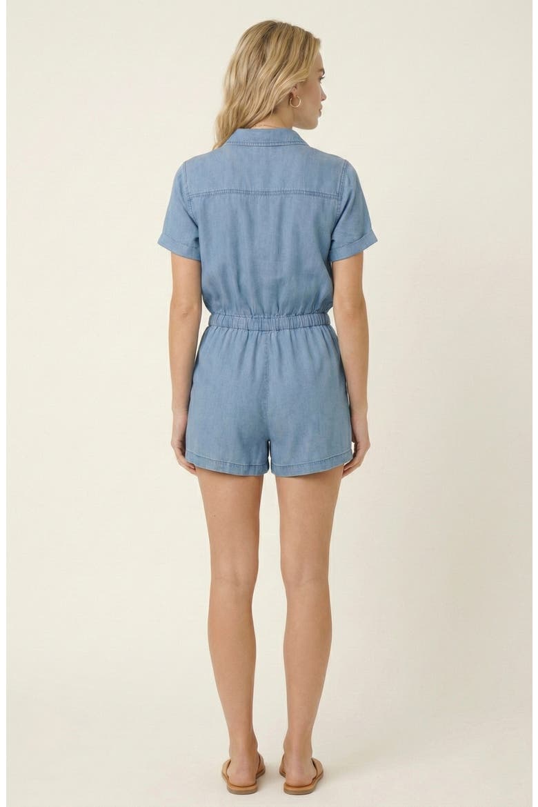 Utility Button-Up Denim Romper with Pockets and Drawstring Waist, Alternate, color, Denim Blue