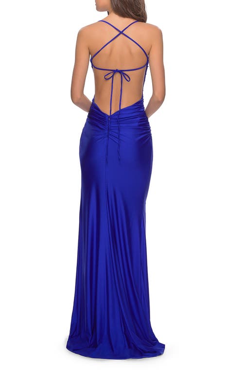 La Femme Long Tie Up Back Jersey Prom Dress With Slit In Royal Blue