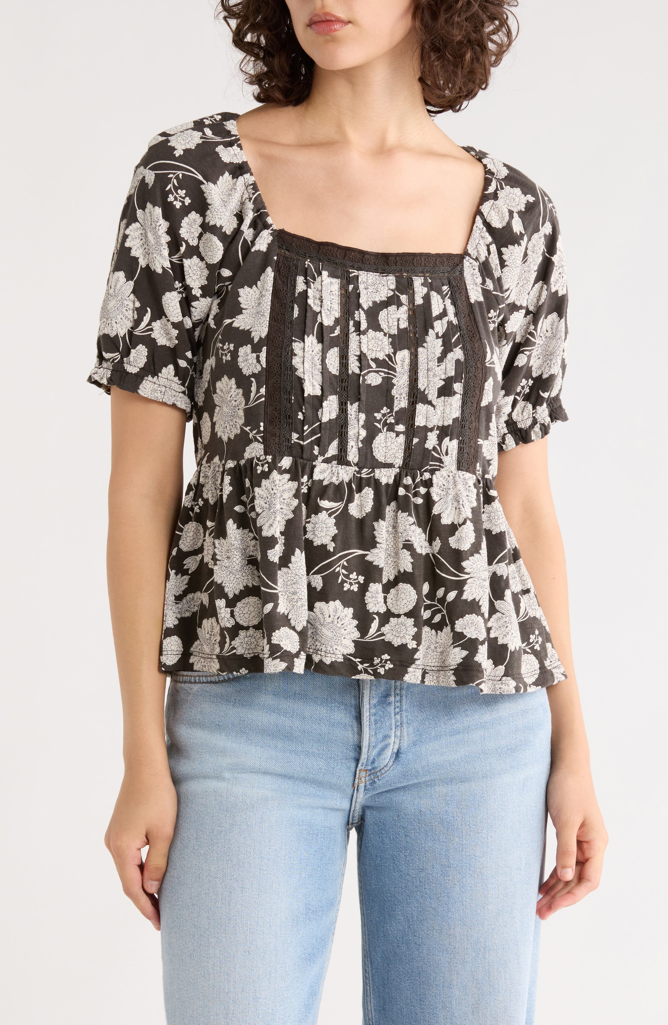 Lucky Brand Short Sleeve Pintuck Trim Top