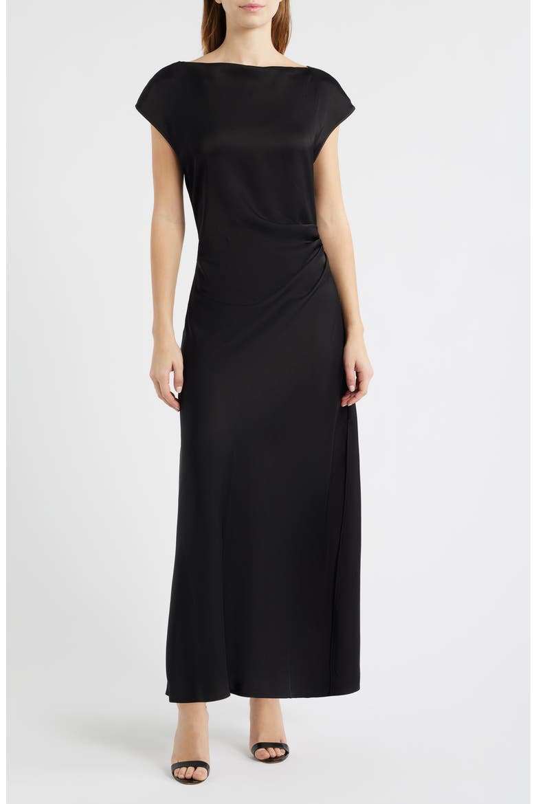 Side Ruched Satin Maxi Dress, Main, color, BLACK