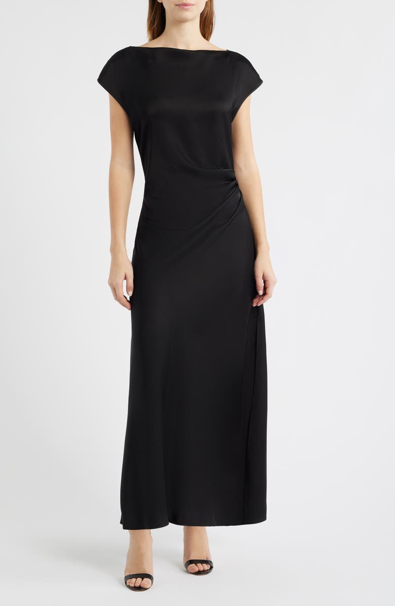 Sam Edelman Side Ruched Satin Maxi Dress, Main, color, Black