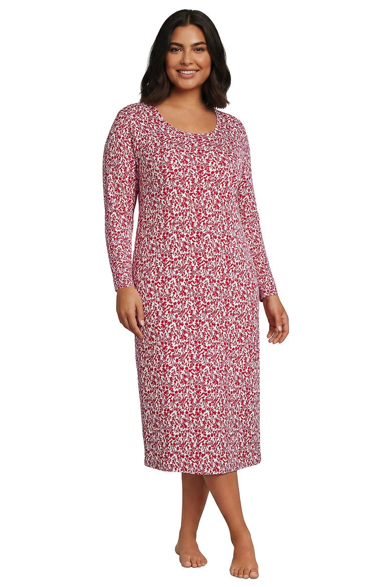 Cotton Long Sleeve Midcalf Nightgown, Main, color, Compass Red Pressed Flower