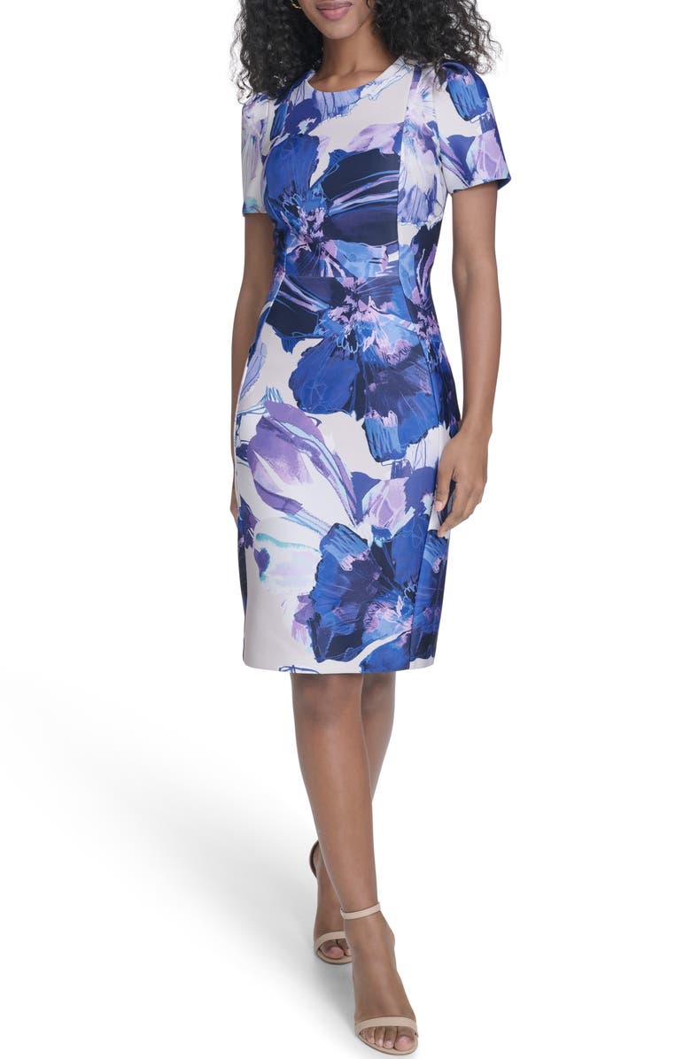 Calvin Klein Floral Short Sleeve Sheath Dress, Main, color, Spring Mist Multi