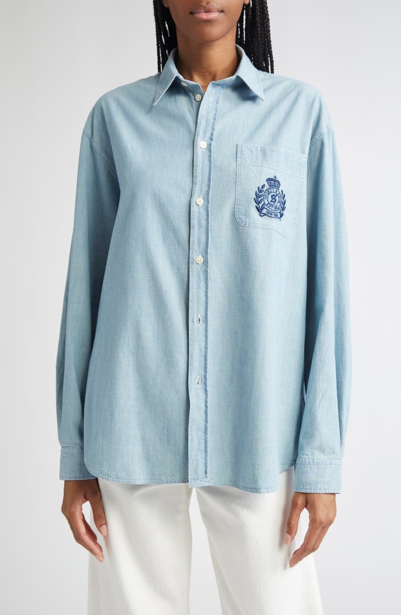 Sporty & Rich Embroidered Crest Oversize Chambray Button-Up Shirt, Main, color, Chambray