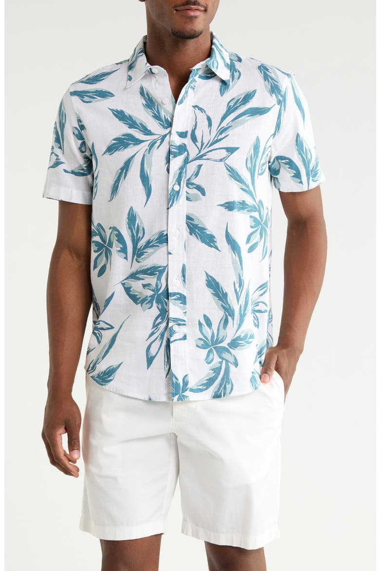 Tropics Linen & Cotton Button-Up Shirt, Main, color, WHITE- TEAL GESTURAL TROPICS