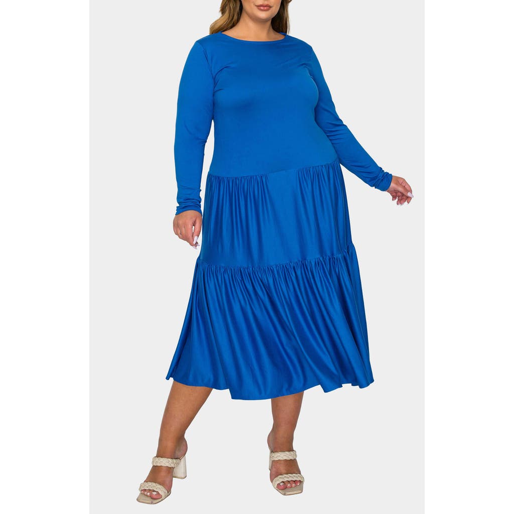 L I V D Eliana Long Sleeve Tiered Midi Dress In Blue
