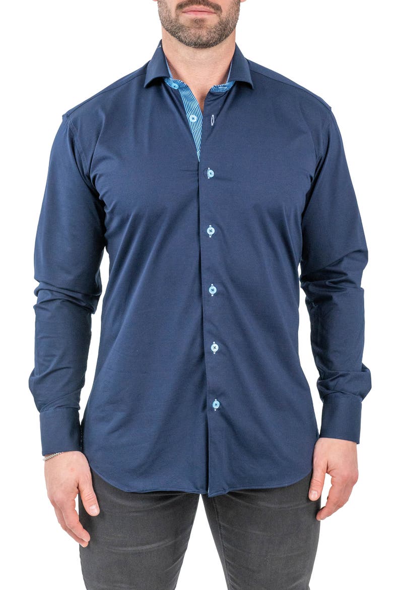 Einstein Solid Stretch Cotton Button-Up Shirt, Main, color, BLUE