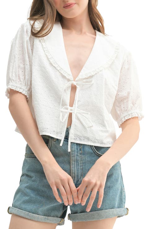 Cotton Tie Front Collar Top