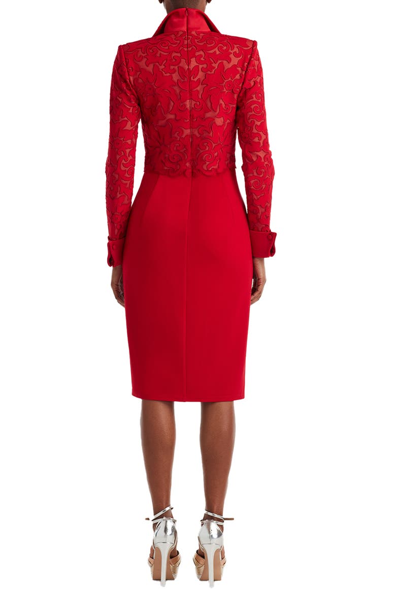 Lace Detail Long Sleeve Sheath Cocktail Dress, Alternate, color, CHERRY