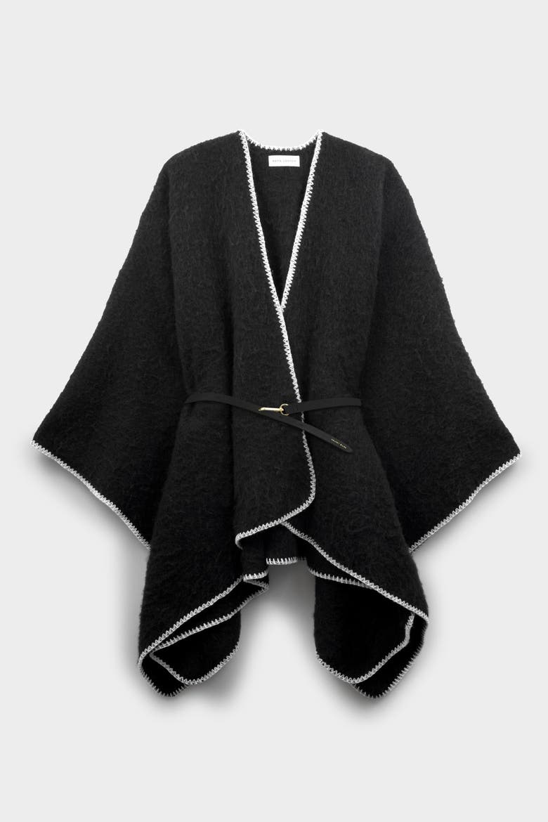 Whipstitch Blanket Cape with Belt, Main, color, Black