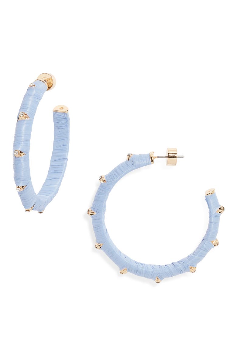 Crystal Accent Raffia Wrapped Hoop Earrings, Main, color, LIGHT BLUE- CLEAR- GOLD