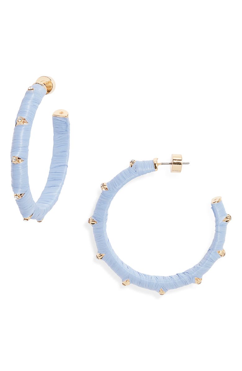 Nordstrom Crystal Accent Raffia Wrapped Hoop Earrings, Main, color, Light Blue- Clear- Gold